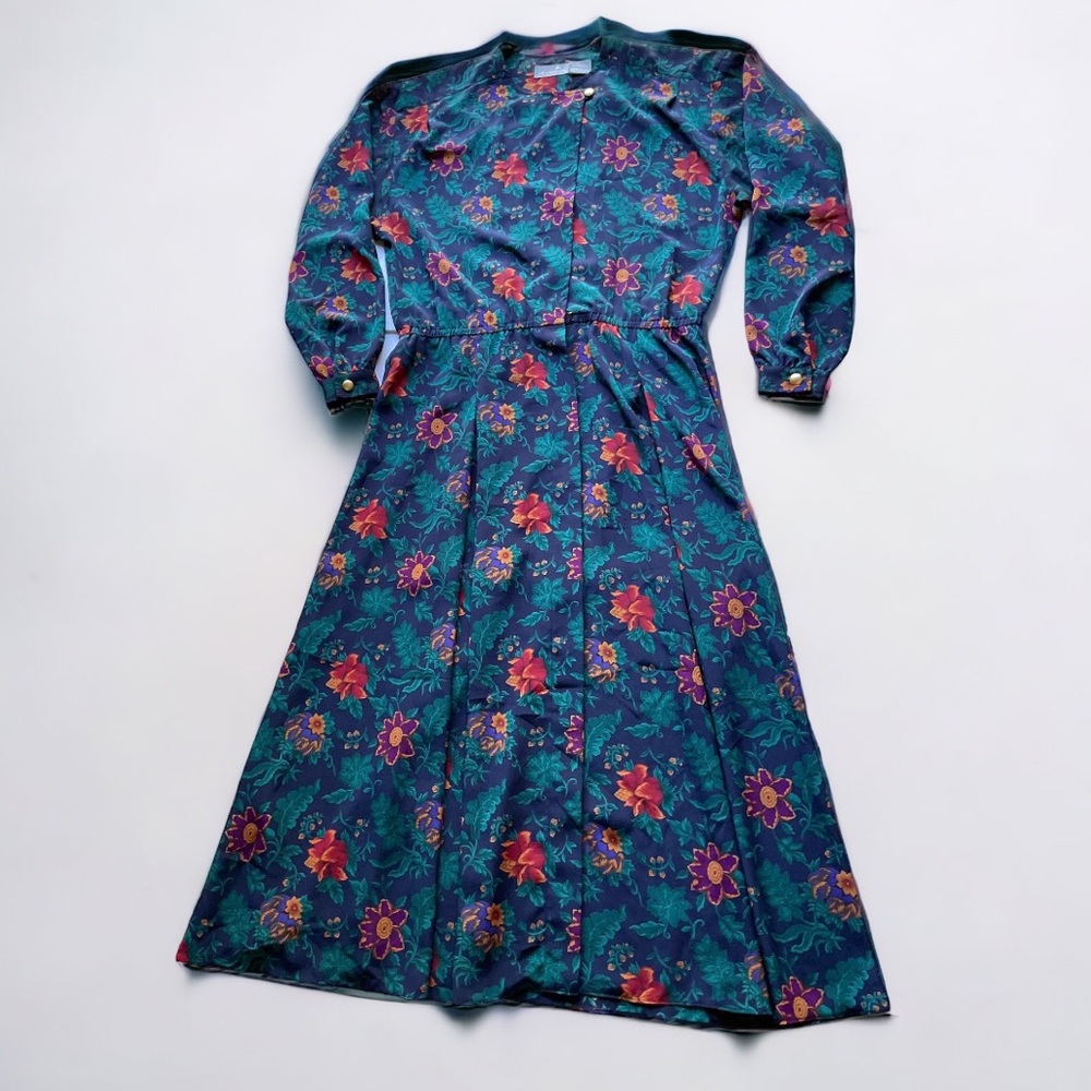 Liz Claiborne Vintage Floral Dress Retro Button Down Full Length Dress 12